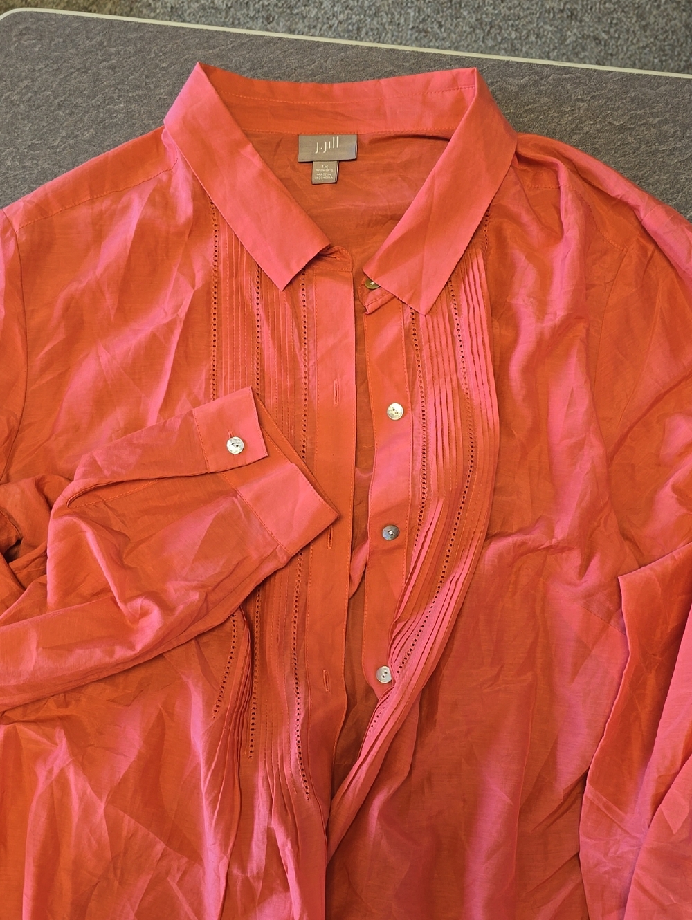 J. Jill Coral-Red Pintuck Button-Up Blouse